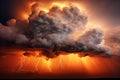 Ethereal Twilight: Majestic Storm Clouds and Fiery Lightning Dance in the Dark Sky Royalty Free Stock Photo