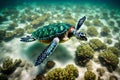 An ethereal view of a green sea turtle gracefully gliding through the crystal-clear water
