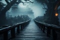 Ethereal walkways wooden paths blend with thick fog, conjuring an otherworldly realm