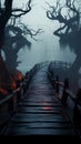 Ethereal walkways wooden paths blend with thick fog, conjuring an otherworldly realm