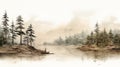 Misty Watercolor Illustration Of Pine Trees Along A Serene Waterbody