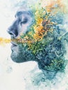 An ethereal watercolor painting depicting a man\'s profile merging with a vibrant coral reef