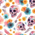 Ethereal Watercolor Sugar Skulls and Floral Design for Day of the Dead