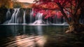 Ethereal Waterfall With Red Leaves Captivating Uhd Image From Rural China