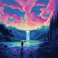 Ethereal Waterfall: A Vibrant 8-bit Image Inspired By Dan Mumford