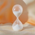 Ethereal white 3D hourglass with frosted glass, placed on a warm beige-to-orange