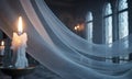 Ethereal white fabric flowing inside a dimly lit gothic cathedral with tall arched windows and candlelight Royalty Free Stock Photo