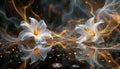 Ethereal white lilies reflected in dark water with golden light trails and abstract patterns Royalty Free Stock Photo