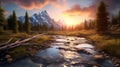 Ethereal Wilderness Landscape: Valley, Mountain, Forest, River, Autumn Sunset