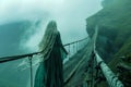 Ethereal Woman in Flowing Dress Standing on Misty Mountain Path Overlooking Foggy Valley Royalty Free Stock Photo