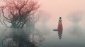 Ethereal Woman In Red Dress: A Hauntingly Beautiful Surreal Landscape