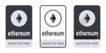 Ethereum Accepted Here Button. Sticker or badge Ethereum accepted. Pay with Ethereum Button. Vector illustration