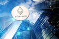 ethereum agains skyscrapers - futuristic smart city - cryptocurrency concept