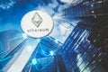 ethereum agains skyscrapers - futuristic smart city - cryptocurrency concept