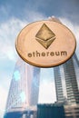 ethereum agains skyscrapers - futuristic smart city - cryptocurrency concept
