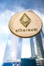 ethereum agains skyscrapers - futuristic smart city - cryptocurrency concept