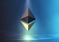 Ethereum background cryptocurrency, modern glowing bright lights blue blank