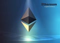 Ethereum background cryptocurrency, modern glowing bright lights blue