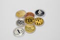 Ethereum and Bitcoin coins currency finance money stack together. Crypto currency background with various of shiny silver and gold