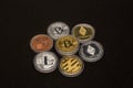 Ethereum and Bitcoin coins currency finance money stack together. Crypto currency background with various of shiny silver and gold