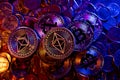 Ethereum and Bitcoin on pile of Euro and Dollar coins. Trading volatile crypto