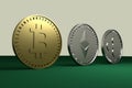 Ethereum, Bitcoin, Ripple - coins on green cloth, 3D rendering