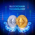 Ethereum. Blockchain. 3D Physical bit coin. Block chain concept. Digital currency. Golden and silver coins with Ethereum symbol in Royalty Free Stock Photo