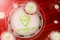 Ethereum Cash crash, bubble. Ethereum Cash ECASH cryptocurrency coins in a bubbles on the binary code background