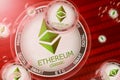 Ethereum Classic crash, bubble. Ethereum Classic ETC cryptocurrency coins in a bubbles on the binary code background