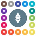 Ethereum classic digital cryptocurrency flat white icons on round color backgrounds