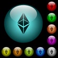 Ethereum classic digital cryptocurrency icons in color illuminated glass buttons