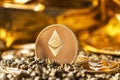 Ethereum coin in close-up against a background of gold, cryptocurrency in pebbles