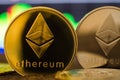 Ethereum coin close-up. World cryptocurrency. The financial system of the future