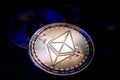 Ethereum Coin cryptocurrency ETH. Tokens Blockchain. High Tech Crypto concept. Decentralized crypto currency Ether