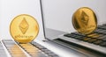Ethereum coin - Digital cryptocurrency on notebook