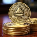 Ethereum coin ETH Golden Ethereums Cryptocurrency virtual money Generative AI Royalty Free Stock Photo