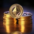 Ethereum coin ETH Golden Ethereums Cryptocurrency virtual money Generative AI Royalty Free Stock Photo