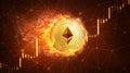 Ethereum coin in fire with bull stock chart.