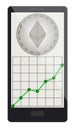 Ethereum coin with growth graph on a phone screen