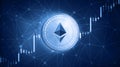 Ethereum coin on hud background with bull stock chart.