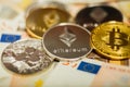 Ethereum coin with other cryptocurrency on euro notes