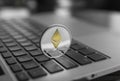 Ethereum coin symbol on laptop, future concept financial currency, crypto currency sign. Blockchain mining. Digital Royalty Free Stock Photo