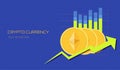 ethereum coins on the background of infographics with a big arrow up and the inscription cryptocurrency