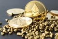 Ethereum coins with Bitcoin on a heap of gold pebbles in close-up on a dark background Royalty Free Stock Photo