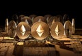 Ethereum coins standing on close-up video card. Using powerful Video cards to mine and earn cryptocurrencies concept.