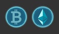 Ethereum cryptocurrency and bitcoin in blue