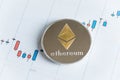 Ethereum cryptocurrency coin on candlestick trading chart. Royalty Free Stock Photo