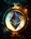 Ethereum cryptocurrency concept and maya calendar, graphic collage in cosmic space.