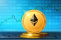 Ethereum cryptocurrency; Ethereum ETH golden coin on the background of the chart Royalty Free Stock Photo