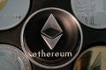 Ethereum cryptocurrency real silver coin closeup